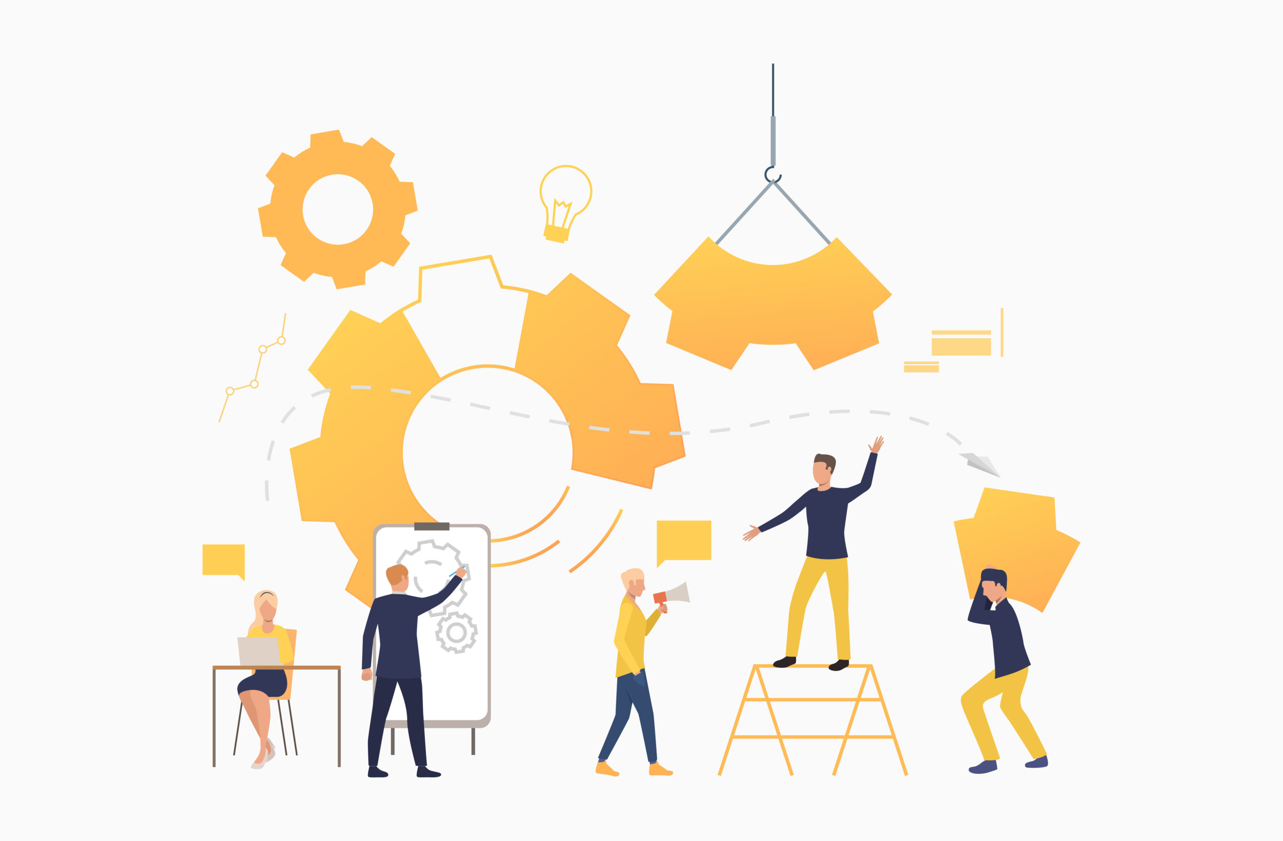 Business team working as mechanism. Operation, teamwork, brainstorming. Management concept. Vector illustration can be used for presentation slide, posters, banners